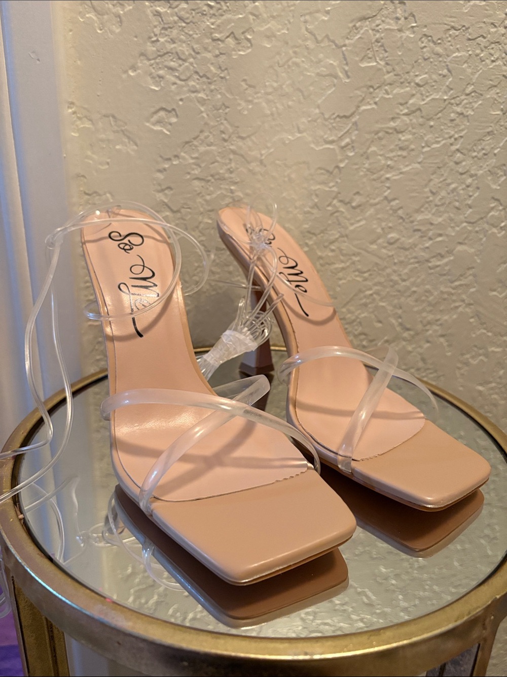 So Me Nude Square Toe Heeled Sandals with Clear Straps